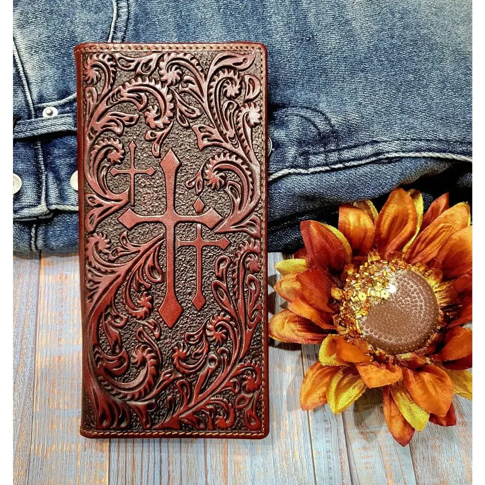 Cross Western Wallet Rodeo Cowboy Religious Real Leather bifold Brown Wa… - Picture 2 of 10